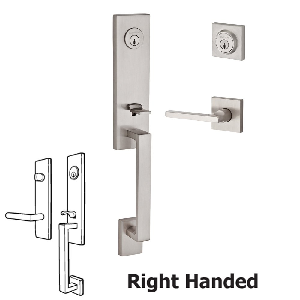 Baldwin Handleset with Right Handed Square Lever and Contemporary Square Rose in Satin Nickel