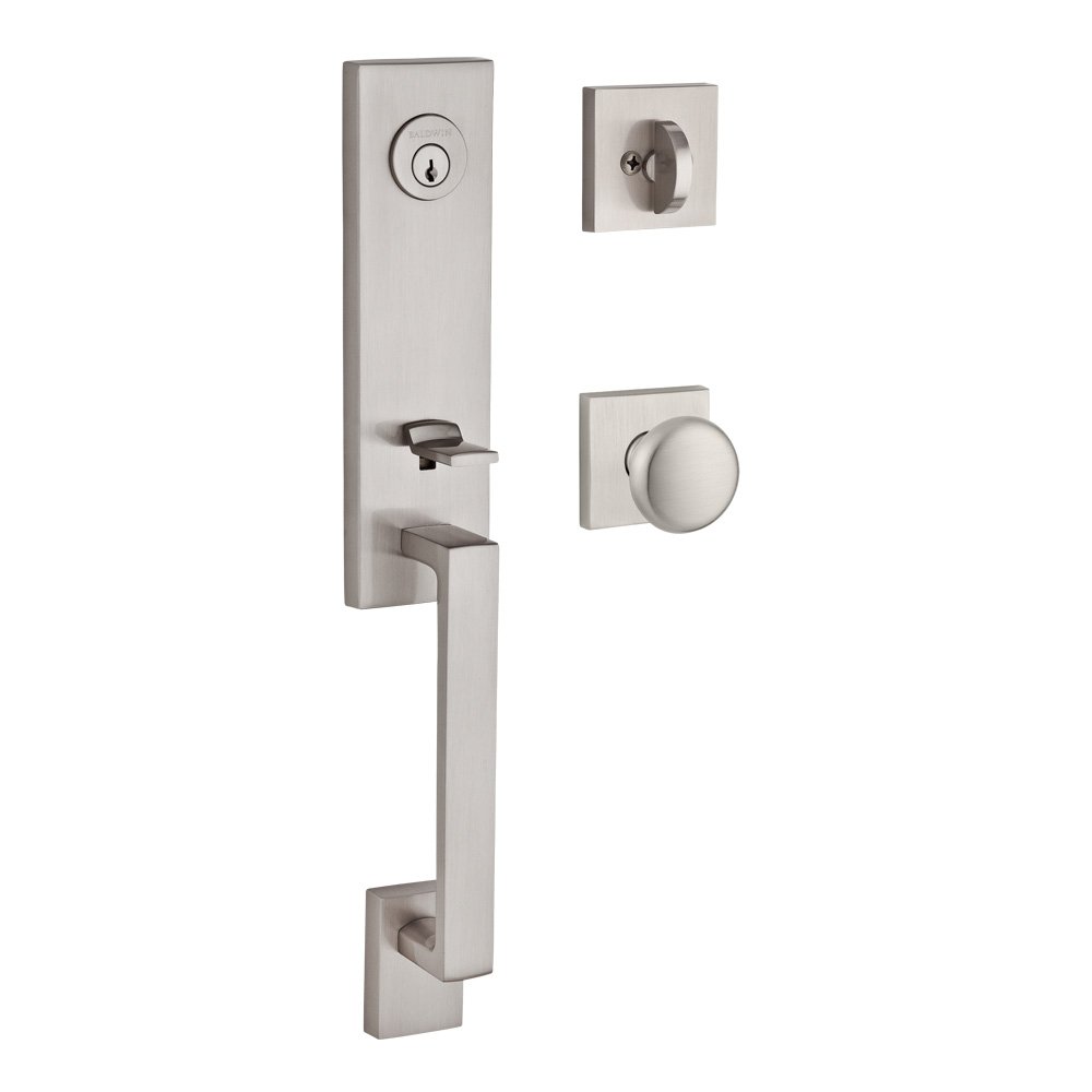 Baldwin Handleset with Round Knob and Contemporary Square Rose in Satin Nickel