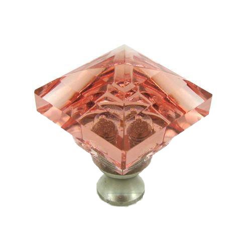 Cal Crystal Beveled Square Colored Knob in Pink in Polished Brass