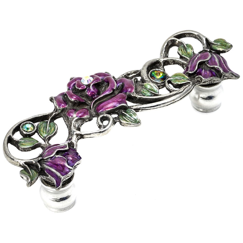 Carpe Diem Rose 3" Centers Pull With Swarovski Crystals & Radiant Orchid Glaze in Antique Brass with Aurora Cluster