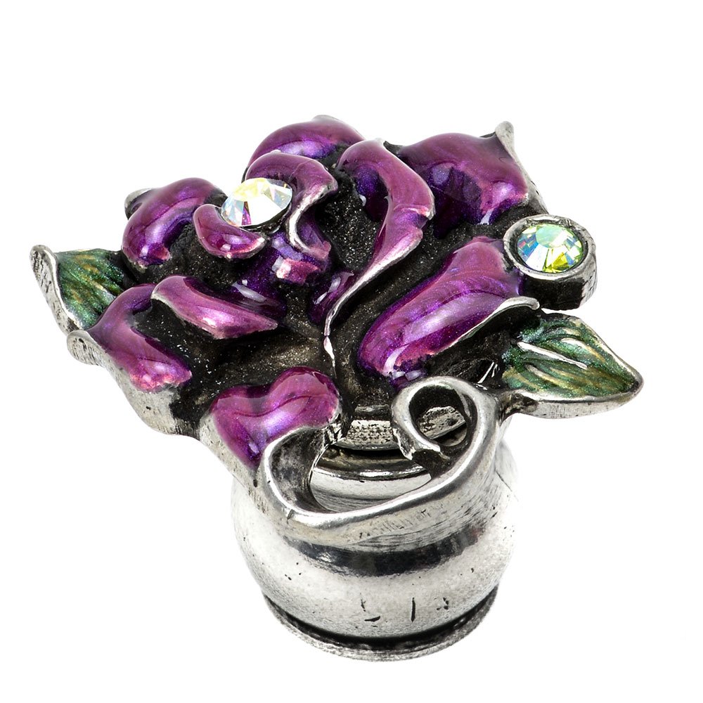 Carpe Diem Rose & Leaf Knob With Swarovski Crystals & Radiant Orchid Glaze in Platinum with Clear and Aurora Borealis