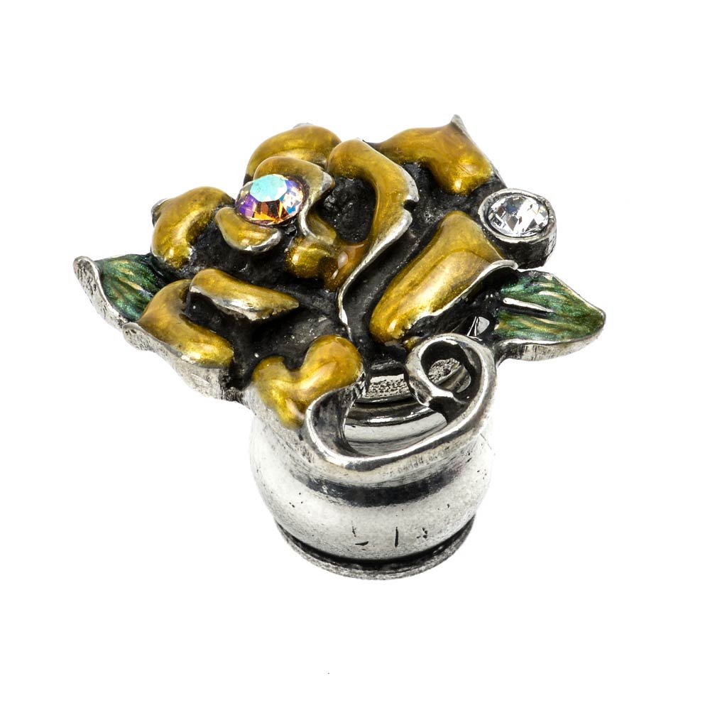 Carpe Diem Rose & Leaf Knob W/ Swarovski Clear Crystals & Golden Bliss Glaze in Antique Brass with Crystal