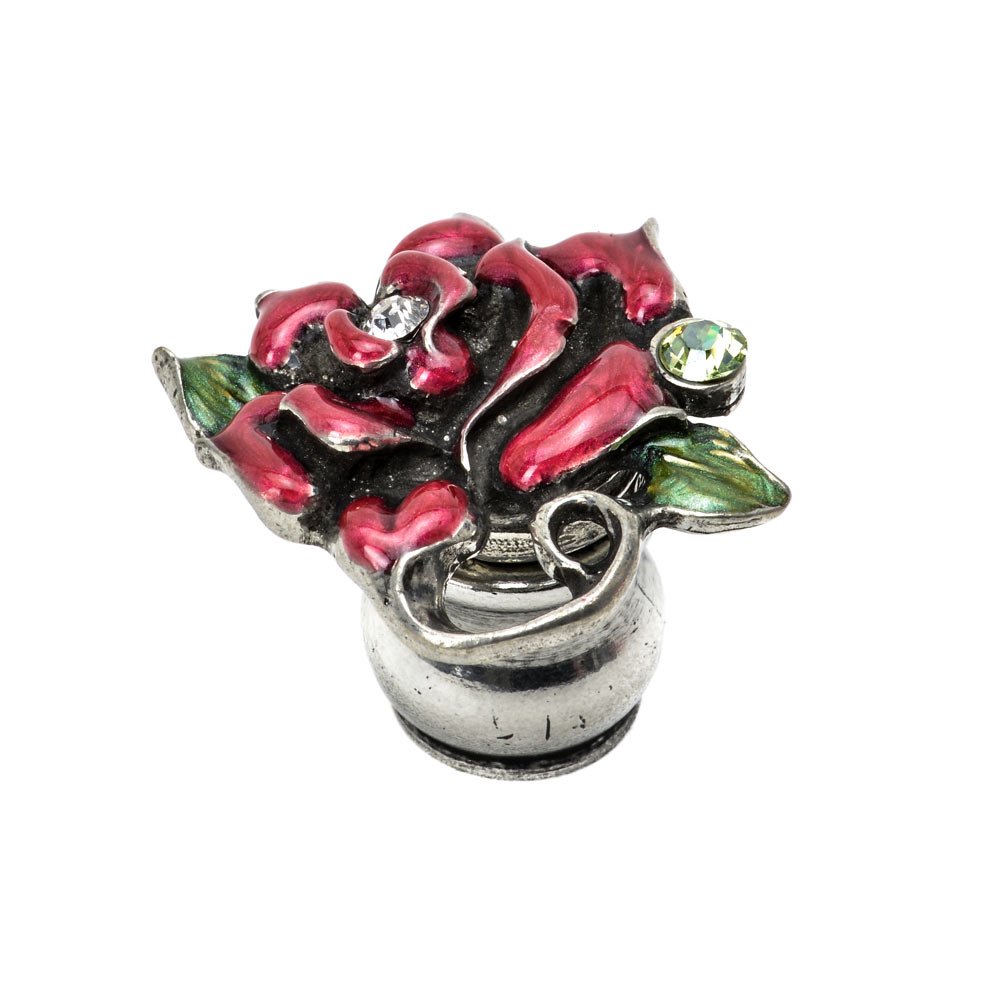 Carpe Diem Rose & Leaf Knob W/ Swarovski Clear Crystals & Ruby Red Glaze in Antique Brass with Aquamarine