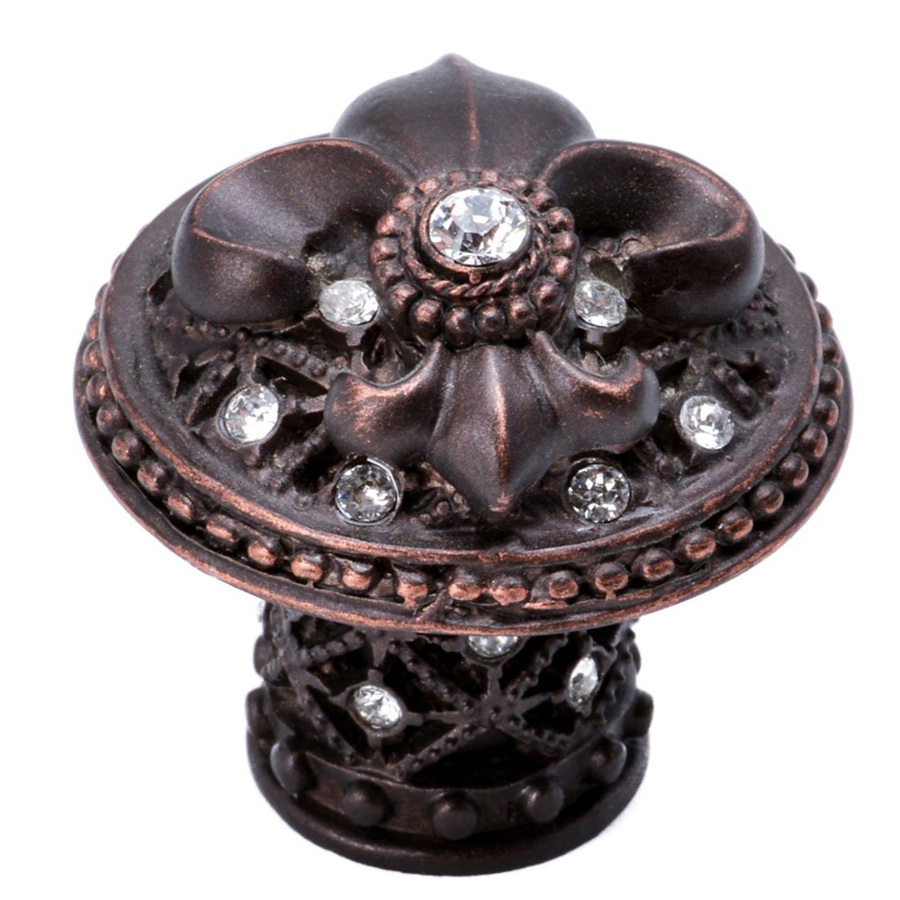 Carpe Diem Large Round Knob Fleur De Lys Decorative Column Foot With Swarovski Crystals in Bronze with Crystal