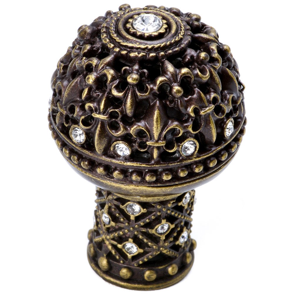 Carpe Diem Large Round Knob Fleur De Lys Open Basket Decorative Column Foot With Swarovski Crystals in Antique Brass with Aurora Borealis