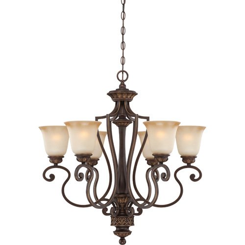 Craftmade 28" Chandelier in Aged Bronze with Gold with Light Teastain Glass
