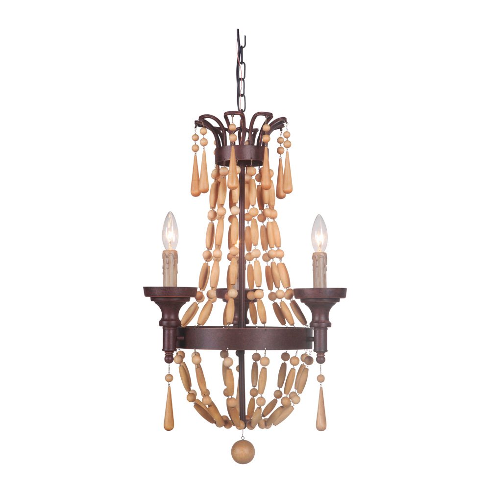 Craftmade 3 Light Mini Chandelier in Aged Bronze/Unfinished Light Wood Beads