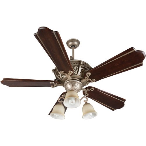 Craftmade 56" Ceiling Fan with Custom Carved Blades in Classic Walnut/Vintage Madera and 3 Light Kit in Athenian Obol with Amber Frost Glass