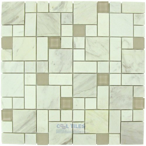 Distinctive Glass Marble Mosaic 11 5/8" x 11 5/8" Mesh Backed Sheet in White Marble and White Glossy and Matte Glass
