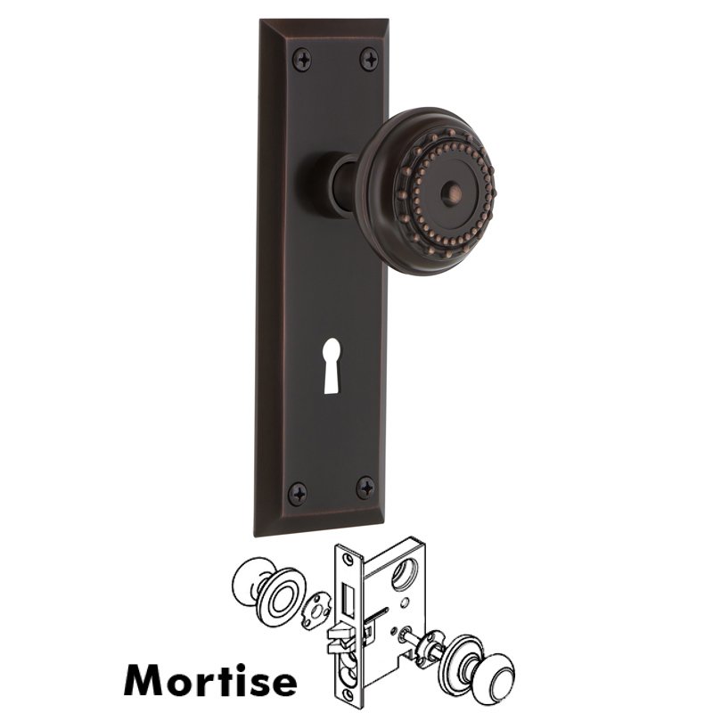 Nostalgic Warehouse Complete Mortise Lockset with Keyhole - New York Plate with Meadows Door Knob in Timeless Bronze