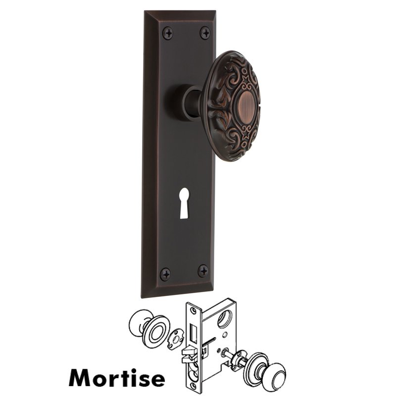Nostalgic Warehouse Complete Mortise Lockset with Keyhole - New York Plate with Victorian Door Knob in Timeless Bronze
