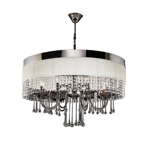 PLC Lighting 32" Chandelier in Black Chrome with Off White Linen Shade and Crystal and Glass Prizms