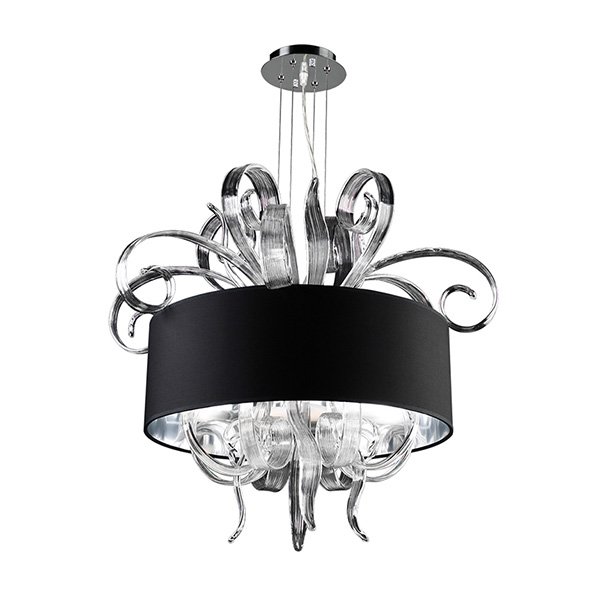 PLC Lighting 27" Chandelier in Polished Chrome with Black Fabric Shade and Clear Glass