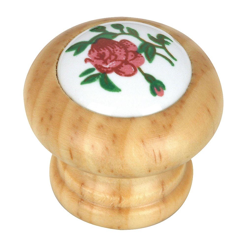 Richelieu 1 1/8" Diameter Wood Knob in Finished Pine with Painted Rose on Ceramic Insert