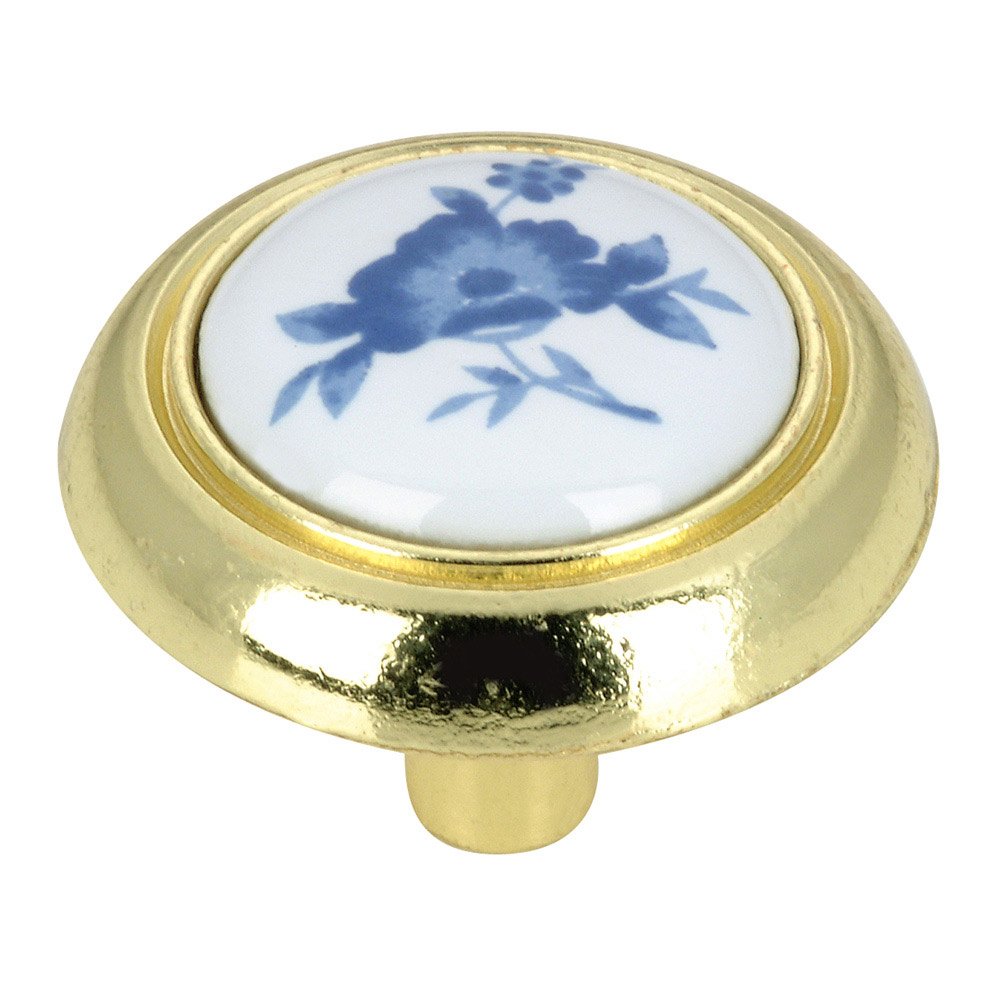 Richelieu 1 1/4" Diameter Knob with Floral Painted Ceramic Insert in Brass and Blue Flower