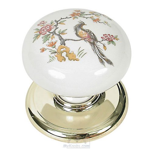 Richelieu 1 3/4" Diameter Porcelain Wardrobe Knob in Brass And White with Bird Design