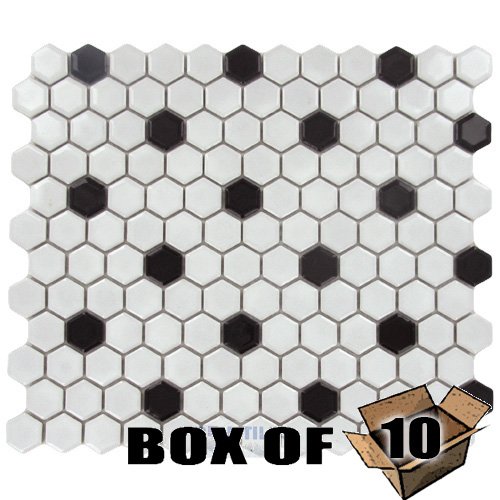 Stellar Tile 1" Hexagon Porcelain Mosaic Tile in White with Black Dott