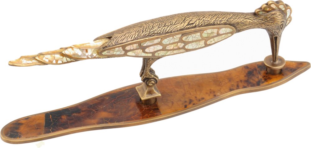 Schaub and Company Solid Brass Woodpecker Pull with Yellow Mother of Pearl Inlay and Tiger Penshell Backplate in Dark Sherwood with Mother of Pearl