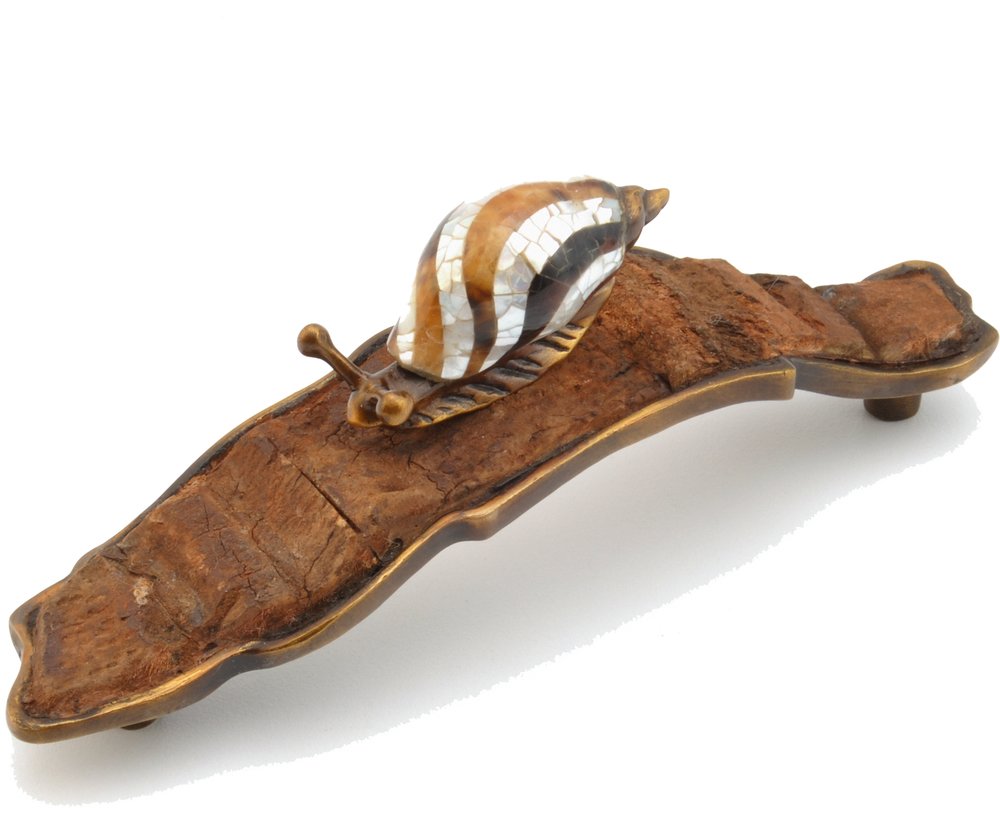 Schaub and Company Solid Brass Snail on Coco Bark Pull in Estate Dover with Mother of Pearl