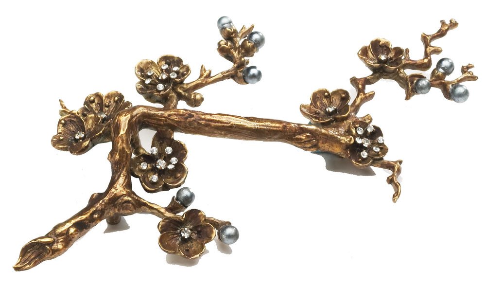 Schaub and Company Floral Branch Pull in Bronze with Black Pearl and Smoked Crystal Left