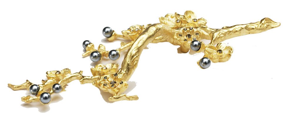 Schaub and Company Floral Branch Pull in Gold Plated with Black Pearl and Smoked Crystal Left