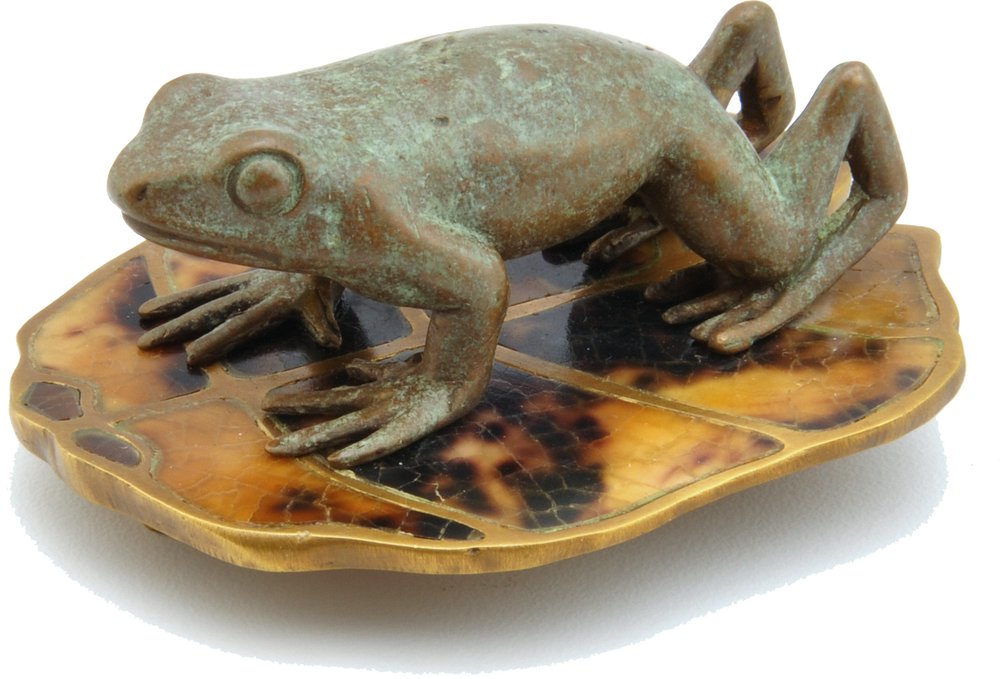 Schaub and Company Solid Brass Frog on Lily Pad Pull in Pompeian Bronze with Tiger Penshell
