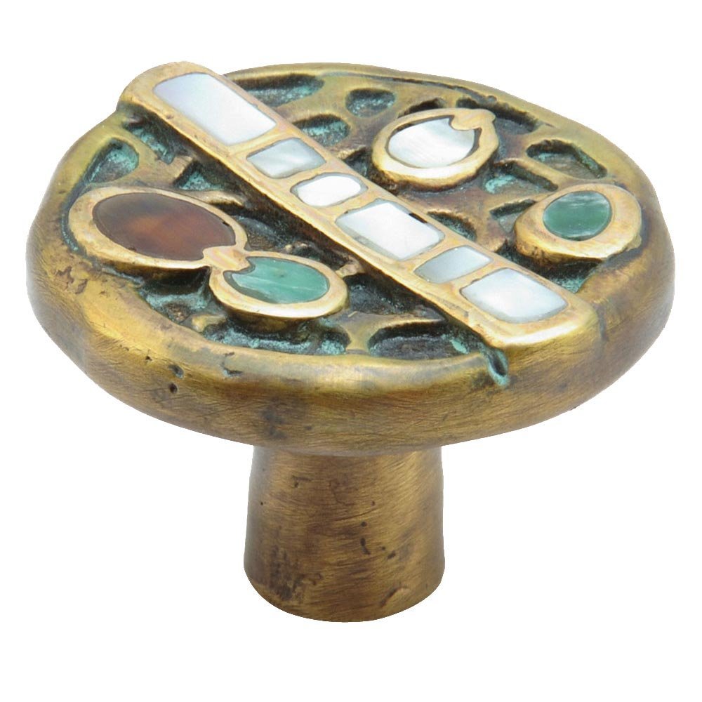Schaub and Company Solid Brass Knob 1 1/2" with Tiger Penshell and White and Yellow Mother of Pearl Inlays on Dark Green Wash Finish
