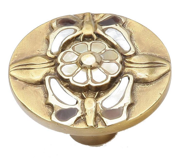 Schaub and Company Solid Brass Knob, 1 1/2" with Tiger Penshell and Yellow and White Mother of Pearl on Antique Brass Finish