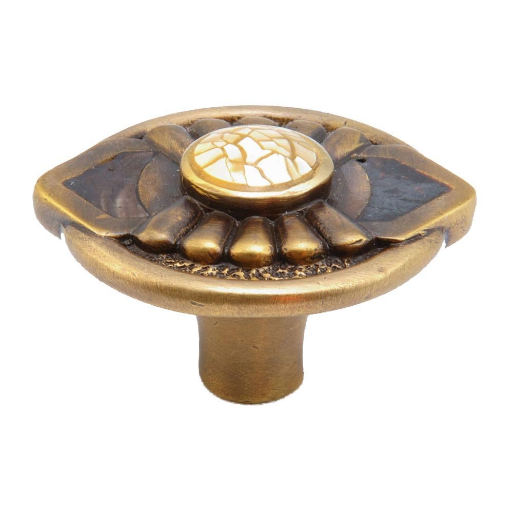 Schaub and Company Solid Brass Knob 1 11/16" with Violet Oyster, Tiger Penshell and Yellow Mother of Pearl inlays on Antique Brass Finish