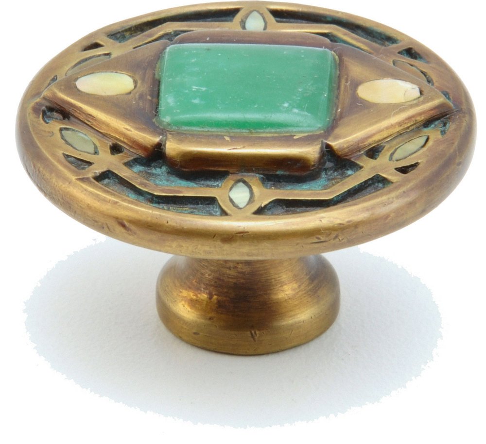 Schaub and Company Solid Brass Jade Stone Knob 1 1/2" with Yellow Mother of Pearl inlays on Dark Green Wash Finish
