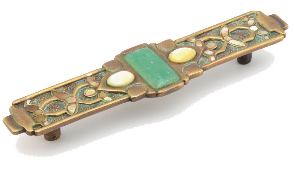 Schaub and Company Solid Brass Jade Stone Pull, 4 1/2" CC with Yellow Mother of Pearl inlays on Dark Green Wash Finish