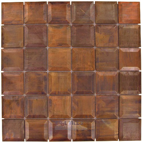 Illusion Glass Tile 2" x 2" Beveled Mosaic Tile in Antique Copper