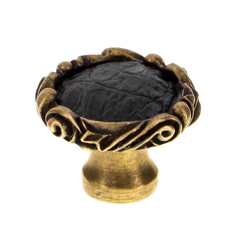 Vicenza Hardware 1 1/4" Knob with Small Base and Insert in Antique Brass with Black Leather Insert