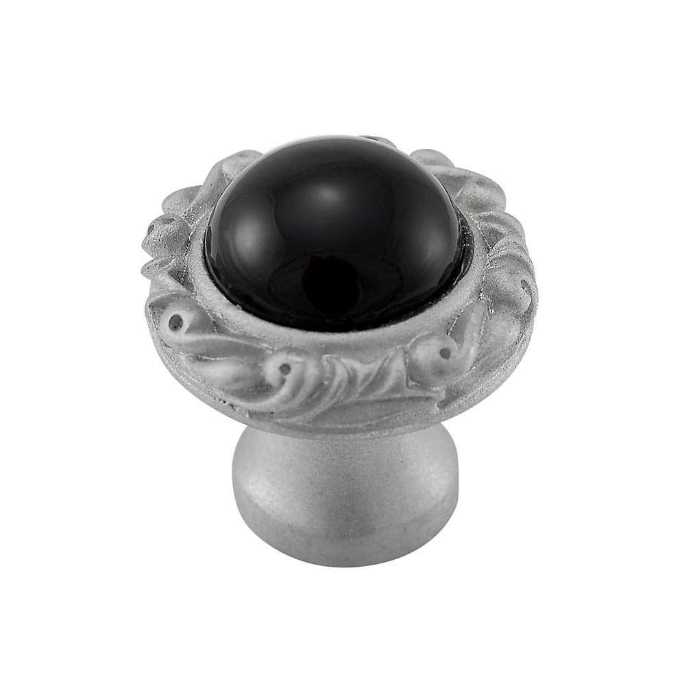 Vicenza Hardware 1" Round Knob with Small Base with Stone Insert in Satin Nickel with Black Onyx Insert