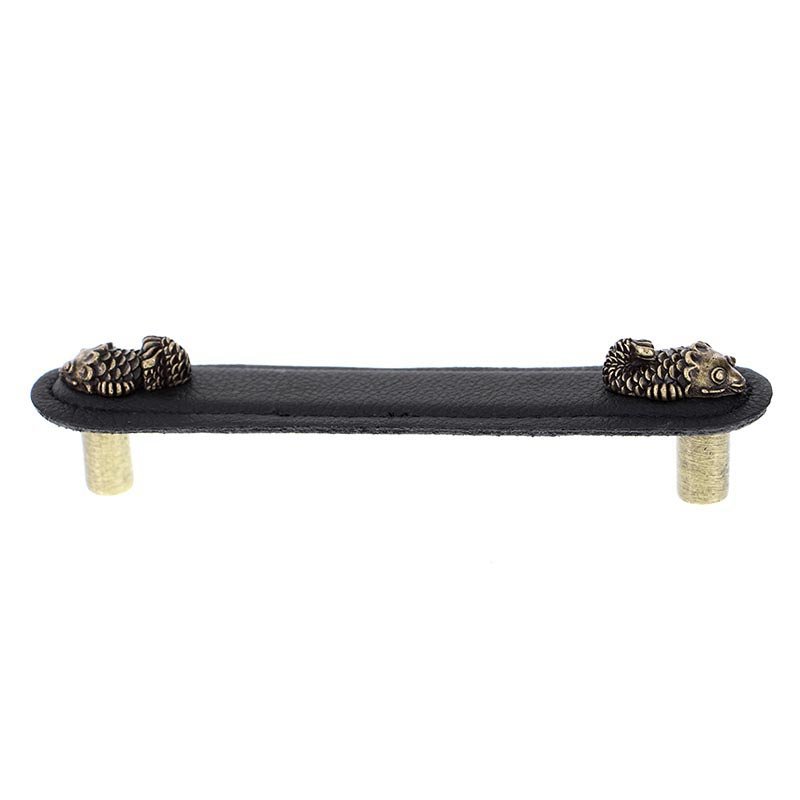 Vicenza Hardware Leather Collection 5" (128mm) Pesci Pull in Black Leather in Antique Brass