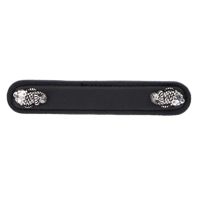 Vicenza Hardware Leather Collection 5" (128mm) Pesci Pull in Black Leather in Antique Silver