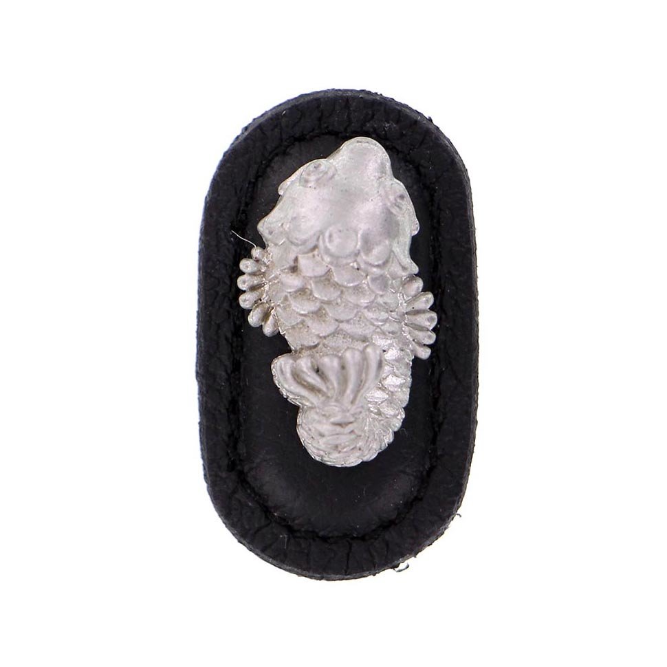Vicenza Hardware Leather Collection Pesci Knob in Black Leather in Satin Nickel
