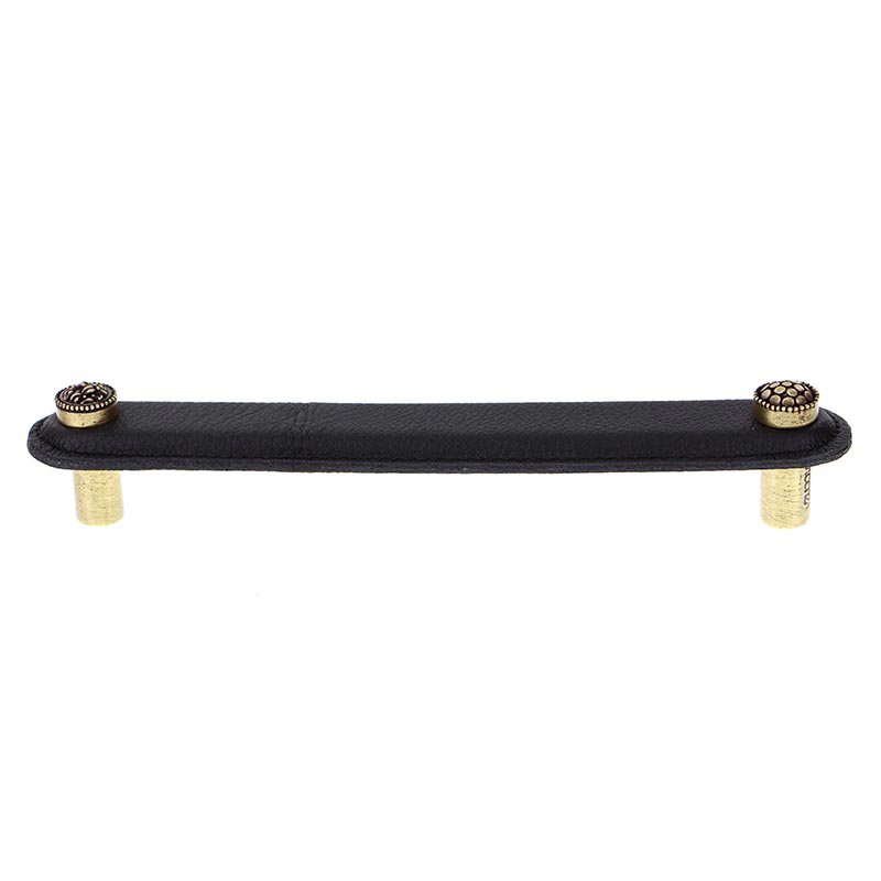 Vicenza Hardware Leather Collection 6" (152mm) Puccini Pull in Black Leather in Antique Brass
