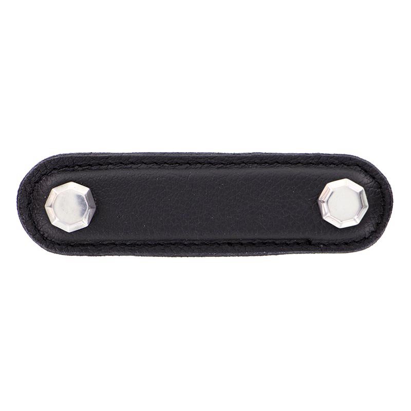 Vicenza Hardware Leather Collection 3" (76mm) Carducci Pull in Black Leather in Polished Silver