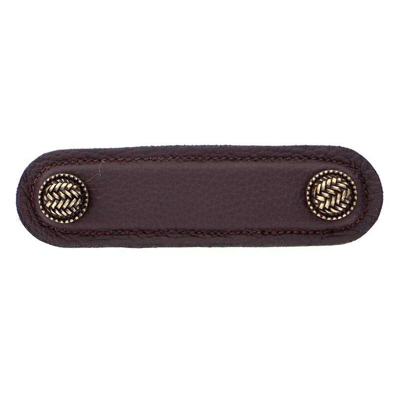 Vicenza Hardware Leather Collection 3" (76mm) Cestino Pull in Brown Leather in Antique Brass