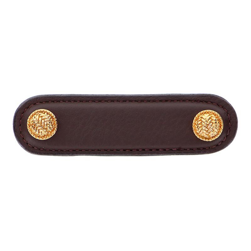 Vicenza Hardware Leather Collection 3" (76mm) Cestino Pull in Brown Leather in Polished Gold