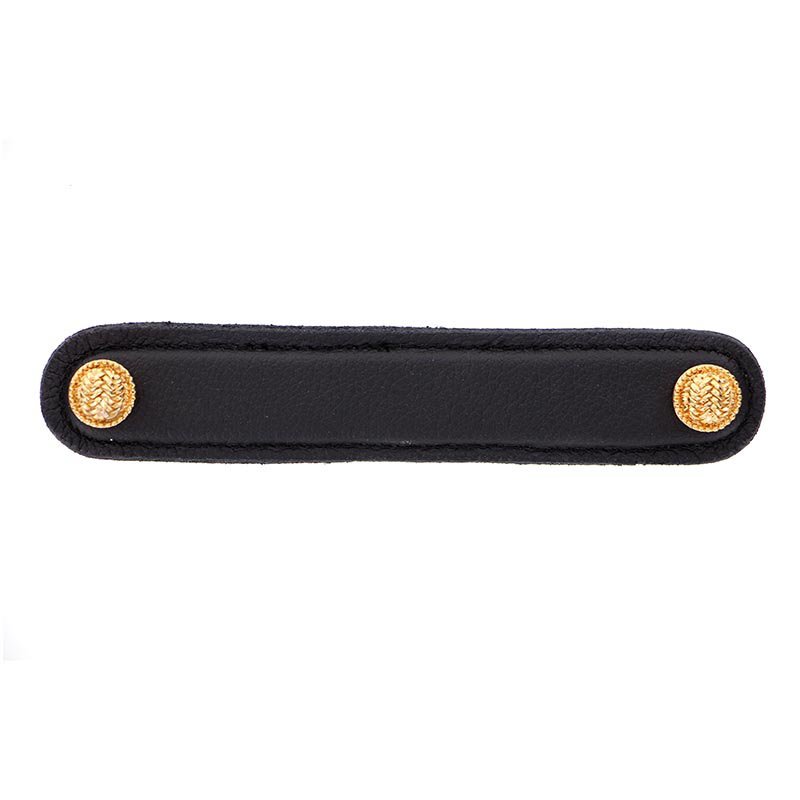 Vicenza Hardware Leather Collection 5" (128mm) Pull in Black Leather in Polished Gold