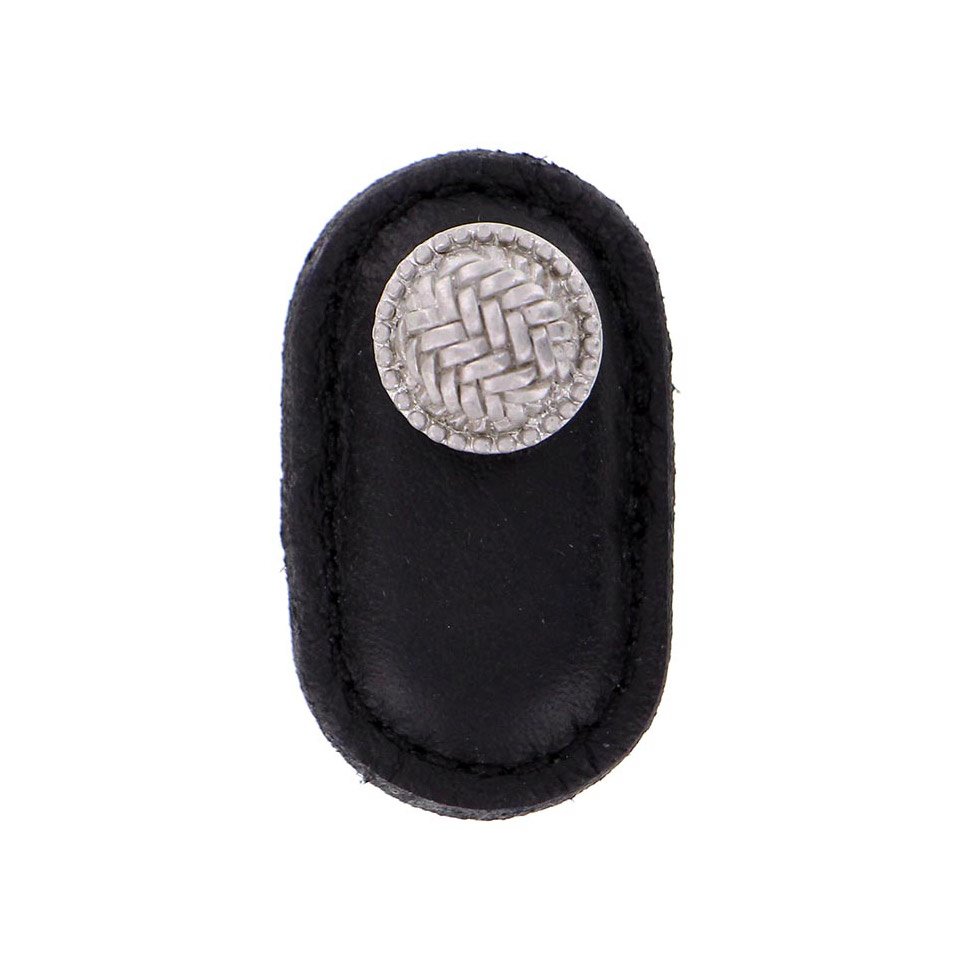 Vicenza Hardware Leather Collection Cestino Knob in Black Leather in Satin Nickel
