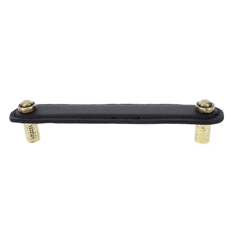 Vicenza Hardware Leather Collection 5" (128mm) Magrini Pull in Black Leather in Antique Brass