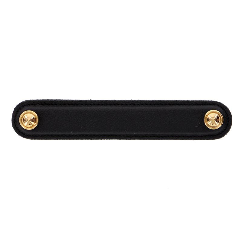 Vicenza Hardware Leather Collection 5" (128mm) Magrini Pull in Black Leather in Polished Gold