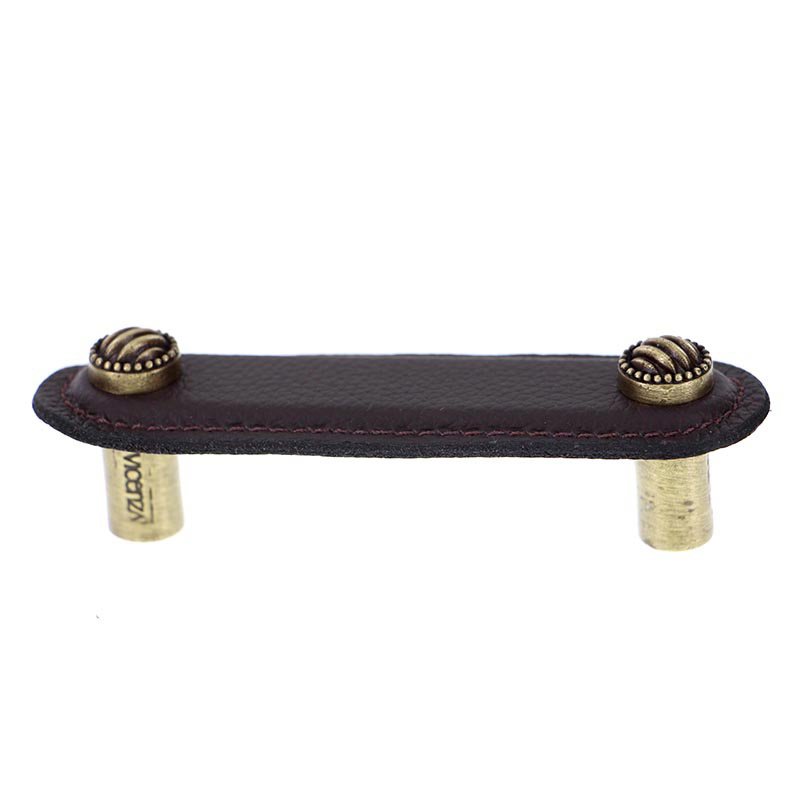 Vicenza Hardware Leather Collection 3" (76mm) Sanzio Pull in Brown Leather in Antique Brass