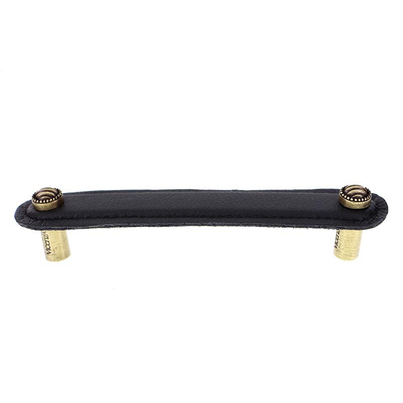 Vicenza Hardware Leather Collection 5" (128mm) Sanzio Pull in Black Leather in Antique Brass