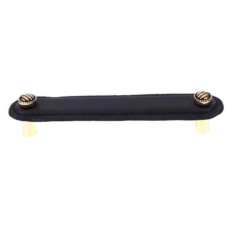 Vicenza Hardware Leather Collection 5" (128mm) Sanzio Pull in Black Leather in Antique Gold