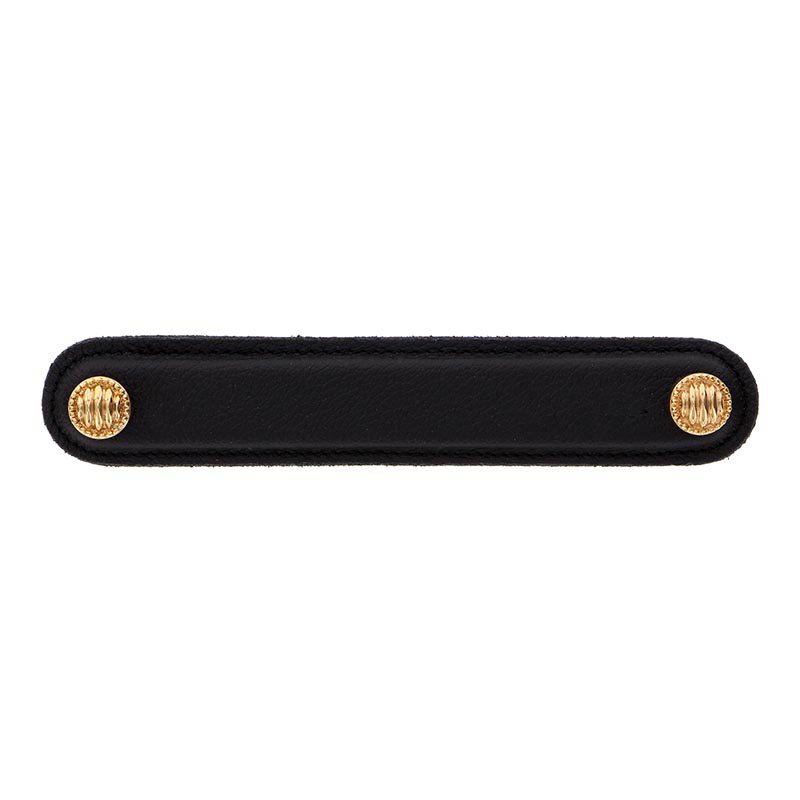 Vicenza Hardware Leather Collection 5" (128mm) Sanzio Pull in Black Leather in Polished Gold