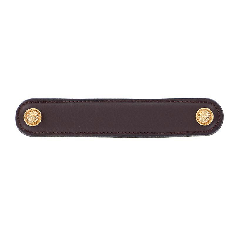 Vicenza Hardware Leather Collection 5" (128mm) Sanzio Pull in Brown Leather in Polished Gold
